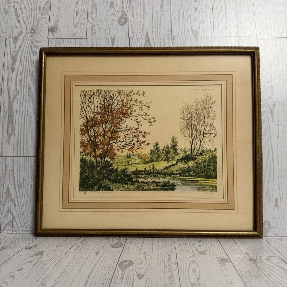Paris Etching Society Signed Print Martin #4 Vintage River Trees Countryside